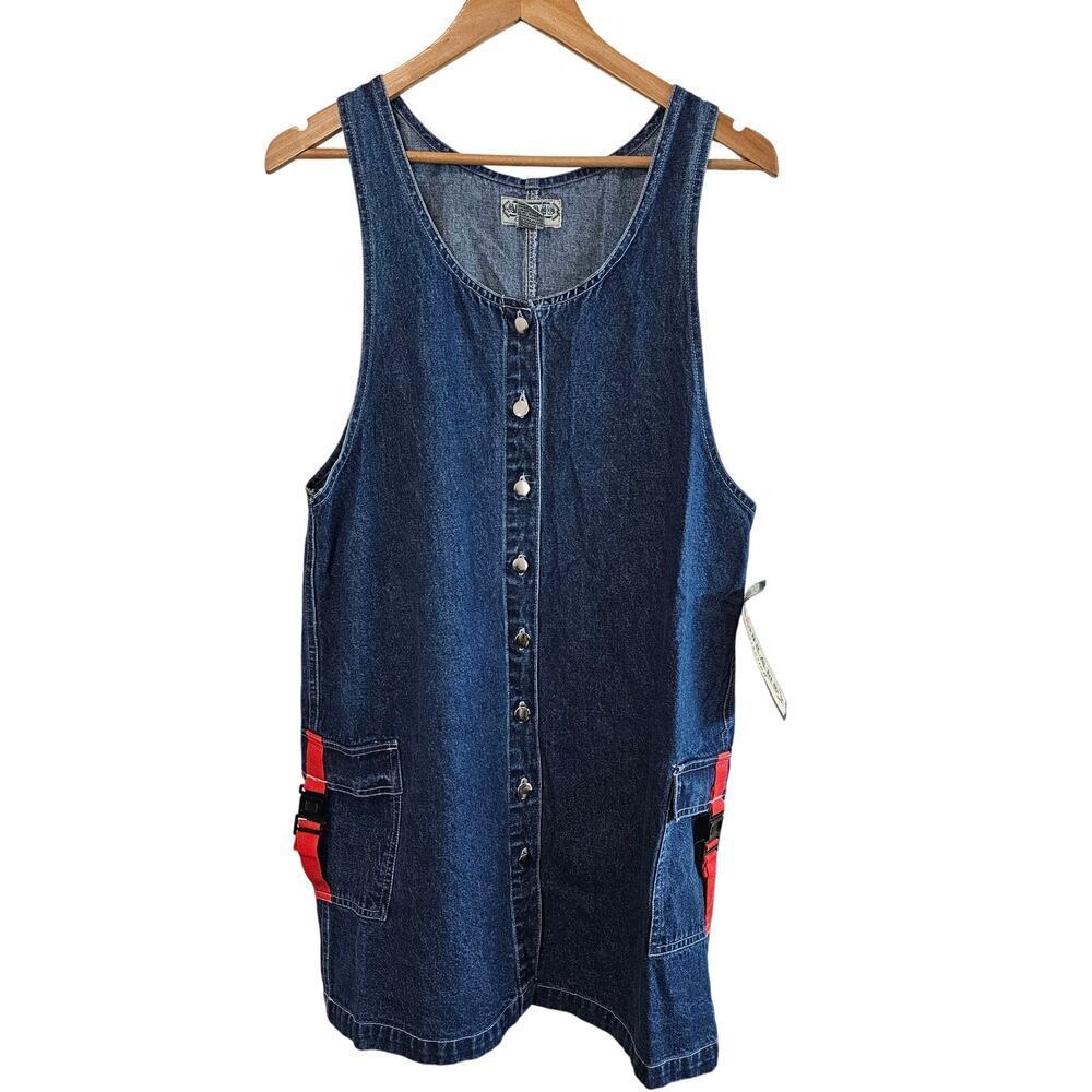 Vintage Denim Jumper Dress Womens Med Blue 90s Y2K Sleeveless Grunge Punk Retro